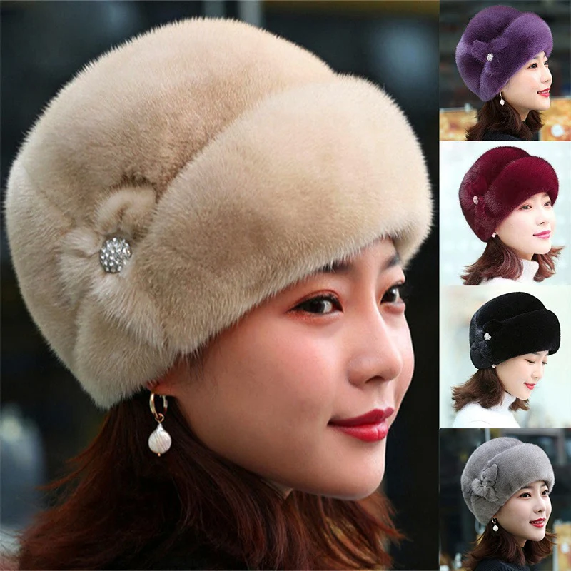 New Winter Warm Hat Imitation Mink Fur Caps For Women Earflap Fisherman Earwarmer Hat Floral Basin Cap