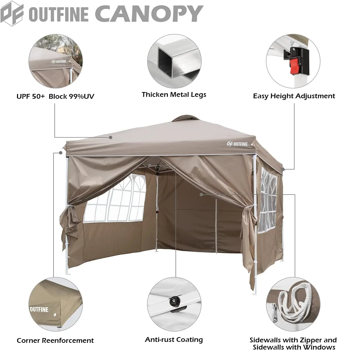 OUTFINE Patio Canopy 10'x10' Pop Up Commercial Instant Gazebo Tent, Outdoor Party Canopies with 4 Removable Sidewalls, Stakes x8