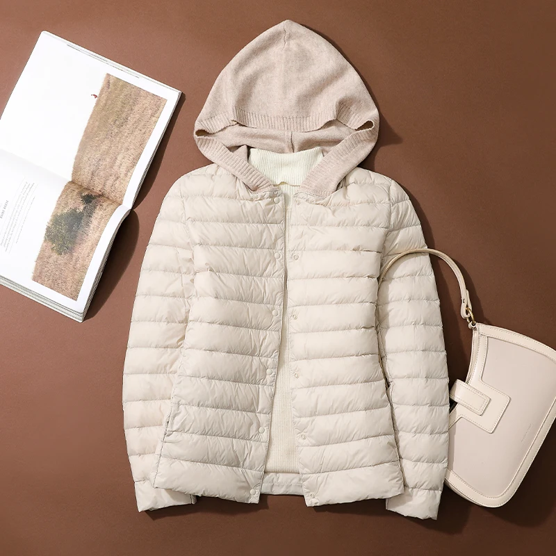 Knitted Patchowrk Hooded Down Coat Autumn Winter Women Light Thin White Duck Down Jacket Ladies Short Warm Parkas Puffer Outwear