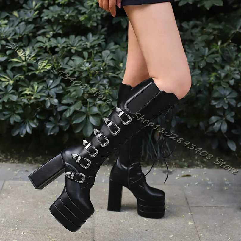 

Black Platform Cross Band Boots Side Zipper Belt Buckle Thick High Heels Boots Women Autumn Party Shoes 2023 Zapatos Para Mujere