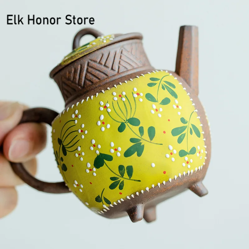 130ml Pure Hand-painted Yellow Chrysanthemum Teapot Aesthetic Old Rock Mud Tripodia General Pot Tea Maker Kettle Tea Ceremony