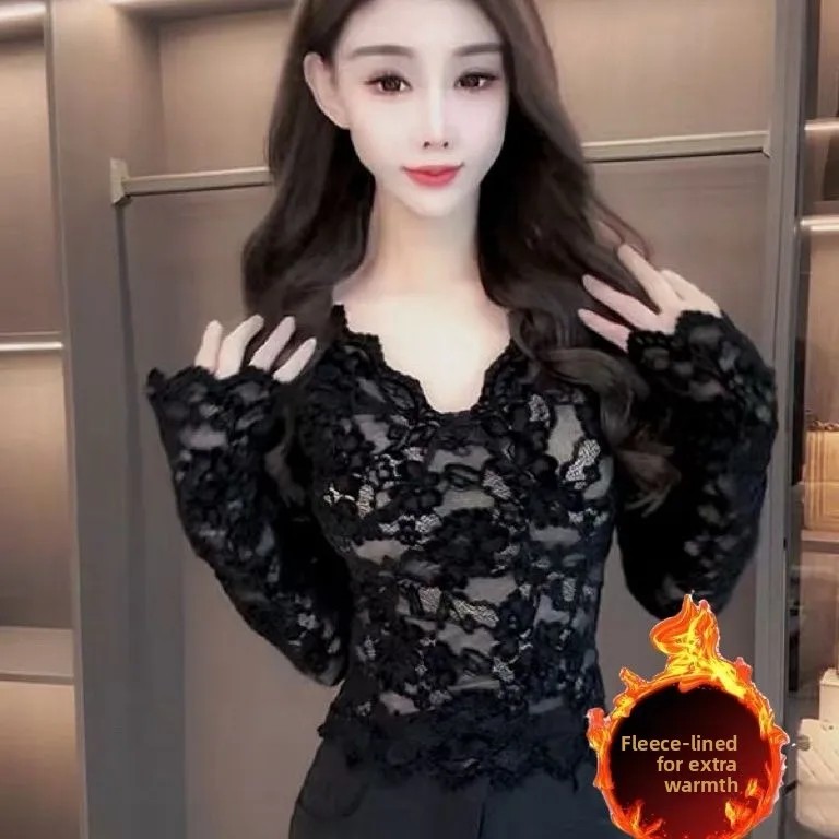 

Bla Sexy Fce Lined Lace Base irt Women's Long Sve Hollow out Slimming Warm Top V Ne Sle Faion Autumn Winter