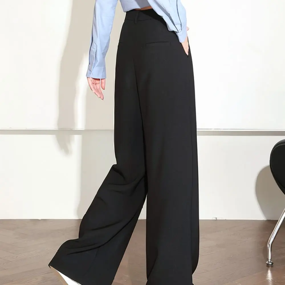 Women Black Wide Leg Trousers High Waist Loose Drape Pants Spring Summer Casual Daily Commuter Elegant Fashion Apparel