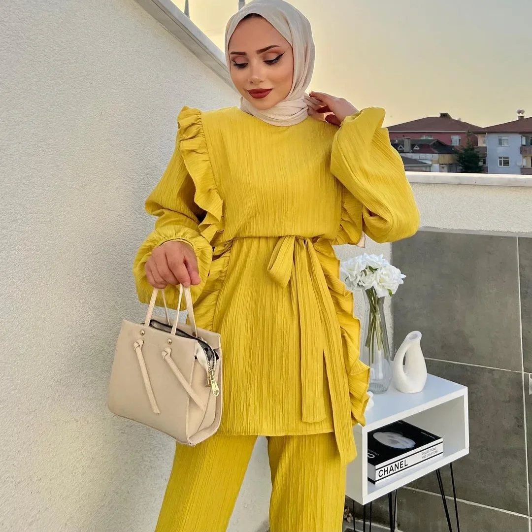 Women Eid Muslim Sets Two Pieces Kaftan Islam Ensemble Blouses Solid Ruffles Belt Wide Leg Pants Arab Casual Loose Pleated