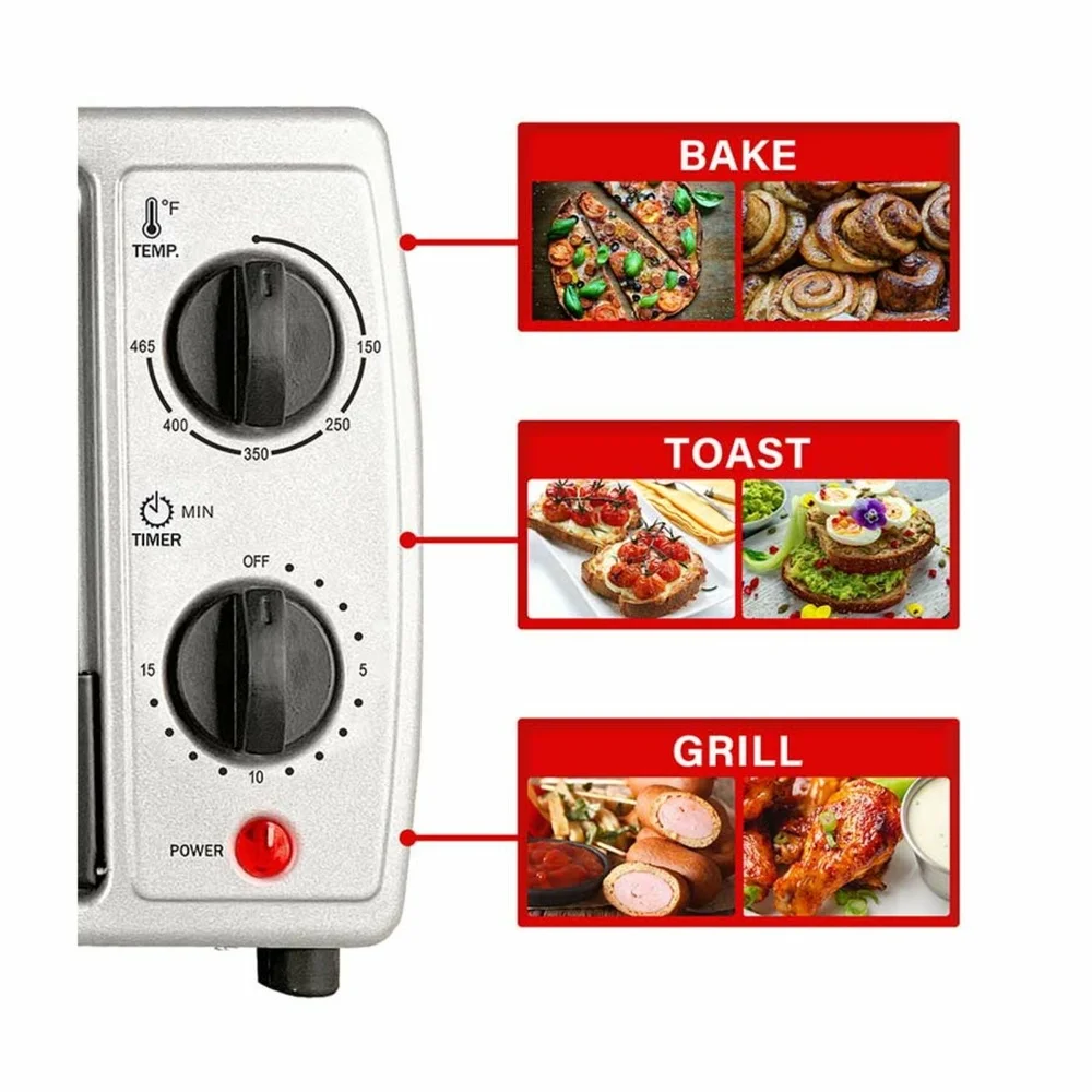 الفولاذ المقاوم للصدأ 4 شريحة محمصة فرن قابل للتعديل درجة الحرارة 50-450F الموقت كسارة صينية صينية طعام سلك رف 800 واط الطاقة