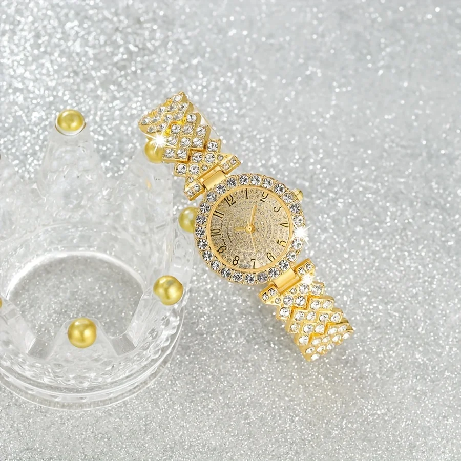 2pcs and 1pcs Elegant Crystal Watch Stainless Steel Fashion Simple Luxury Full Crystal Bracelet Quartz Watch image 2