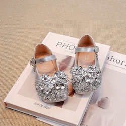 Silver/beige Girls Leather Shoes with Glitter Rhinestone Bow Outdoor Spring Autumn PU Princess Leather Shoes Sandalias De Mujer