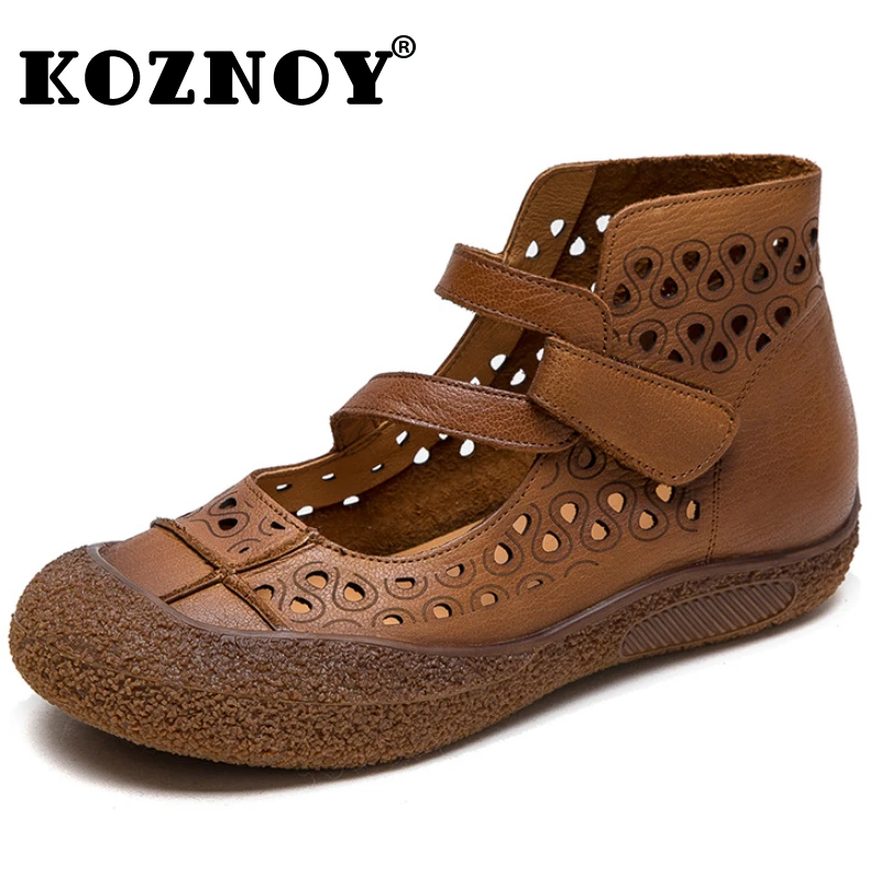 

Koznoy 3cm Genuine Leather Moccasins Ankle Booties Sandals Hook Boots Women Motorcycle Loop Fashion Summer Hollow Chimney Shoes