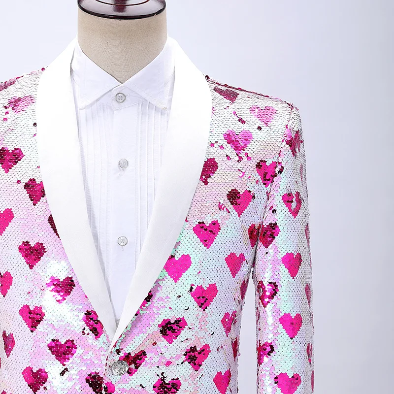 2025 Blazer de lentejuelas que cambia de Color de amor con cuello de fruta verde a la moda para hombres, chaqueta de vestir de actuación de presentador de cantante rosa de moda
