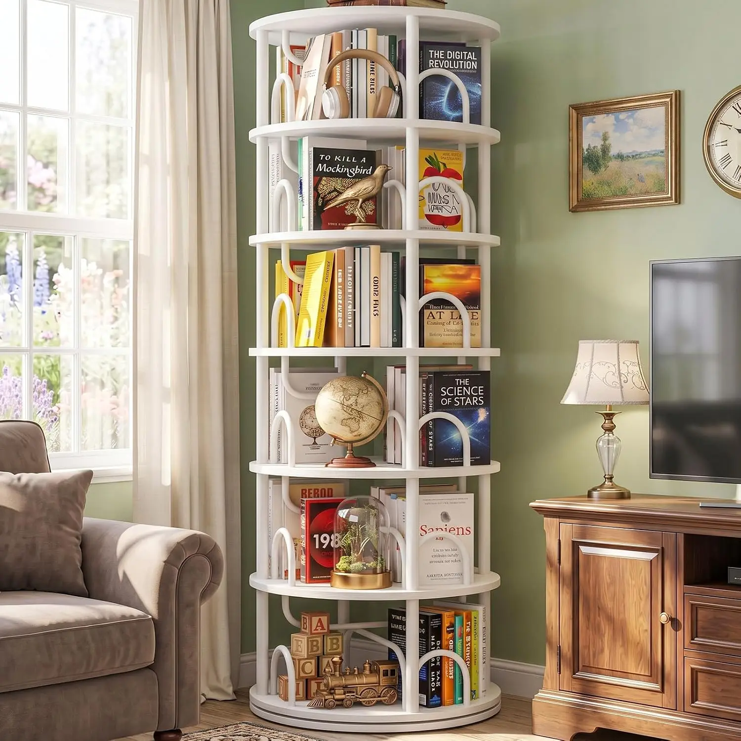 6 Tier Rotating Bookshelf Tower, Revolving Circular Bookcase For Small Space Corner Bedroom, White, Customized