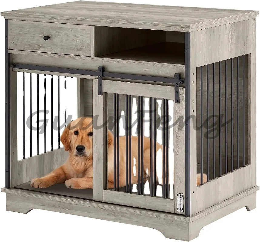 Wooden Dog Crate Pet House with Custom Bed Cushion Two‑Door Modern Indoor Wood Dog Furniture