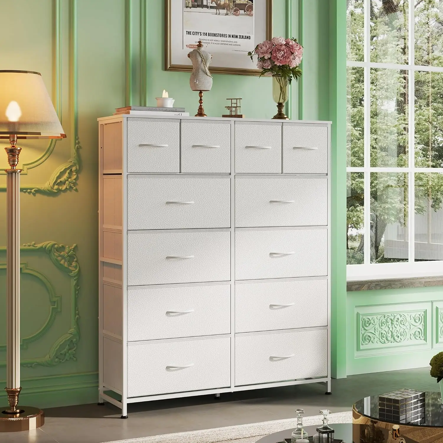 Multi-Level Storage Cabinet, Fabric, Dustproof, Gray, 12 Drawers, Dresser, Living Room Table, Decorative Cabinet