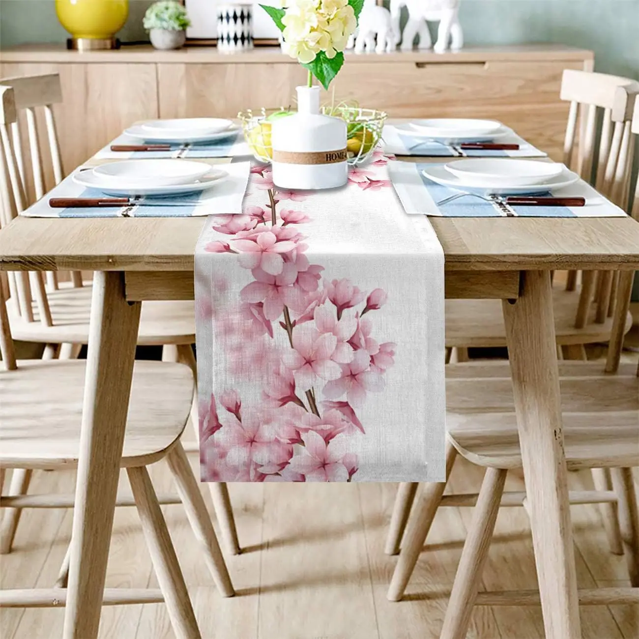 Spring Cherry Blossoms Blooming Rectangle Linen Table Runner Pink Flower Dresser Scarves Table Runner Dining Wedding Party Decor