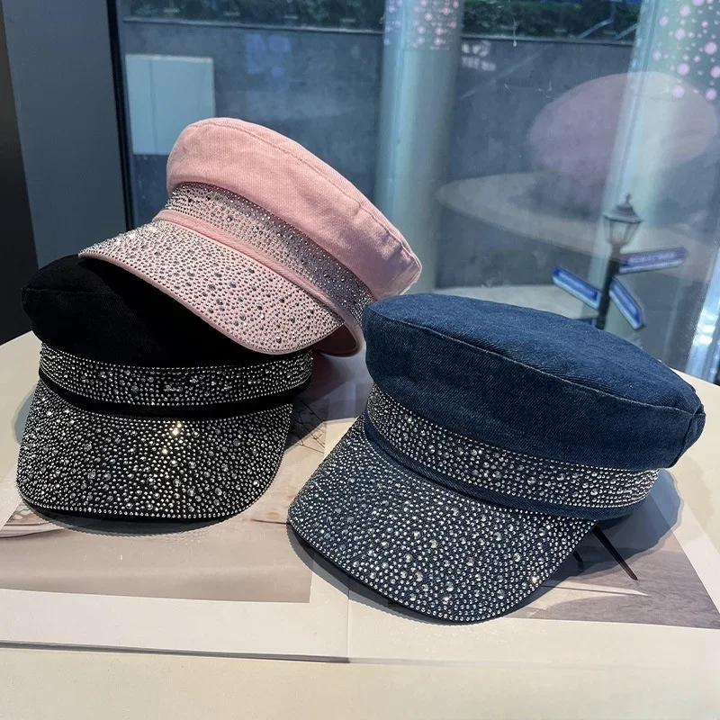 

Women's Fashion Trend Beret Sunscreen Baseball Cap Bright Diamond Flat Cap Street Shooting Painter Newspaper Boy Hat