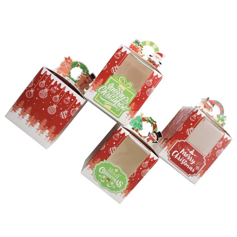 12pcs Christmas Biscuit Box Marry Christmas Gift Packaging Paper Box with Handle Santa Claus Cake Muffin Box Holiday New Year