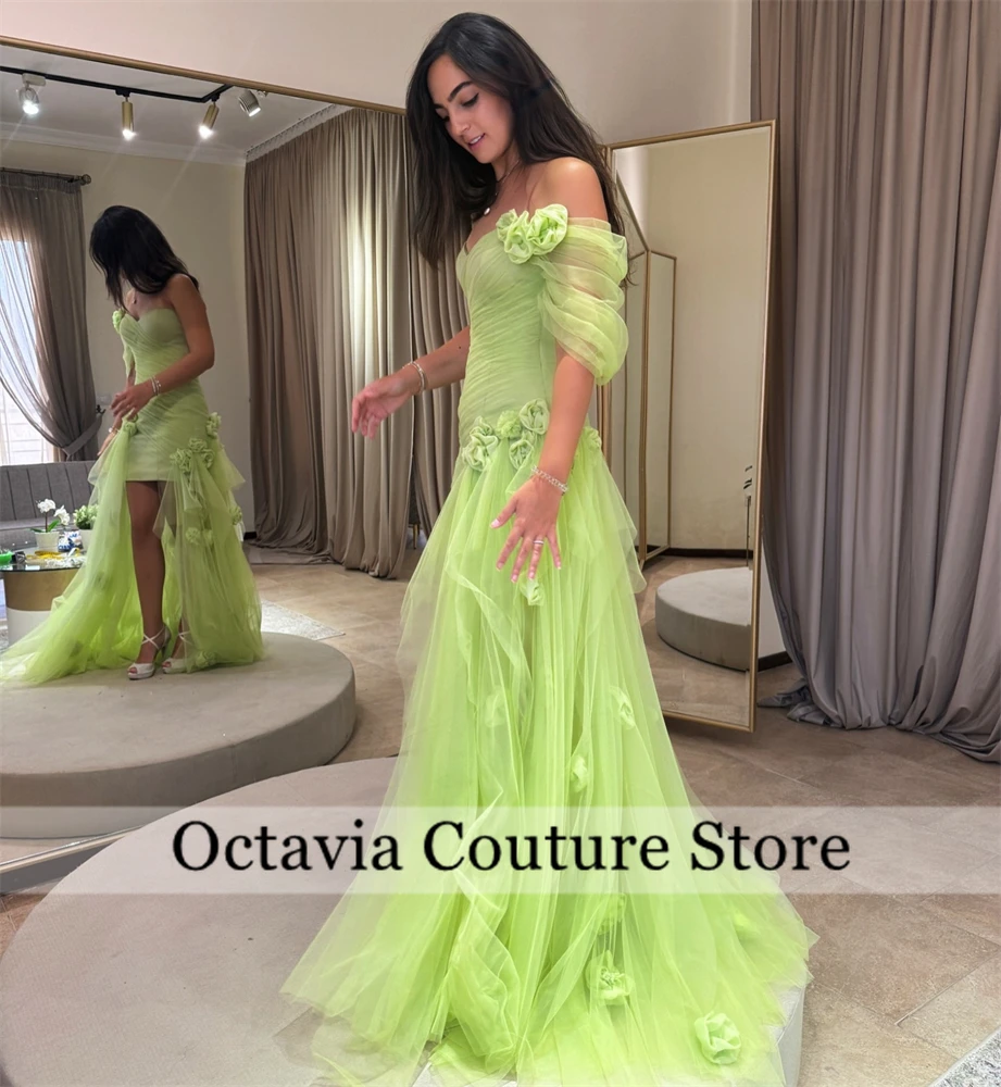 Customized Yellow Evening Dresses 3D Flowers Off Shoulder Long Prom Saudi Arabric Celebrity Formal Vestidos De Fiesta