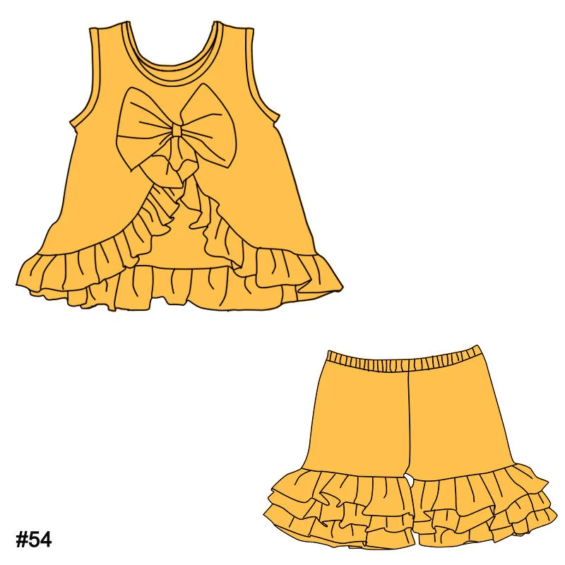 Hot-selling girls' dress sling ruffles bow decoration top pair with 3-layer ruffled shorts solid color milk silk fabric wholesal