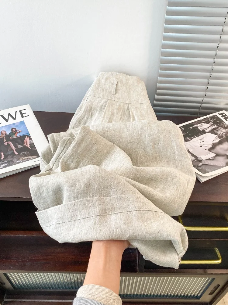 الرجعية القطن الكتان السراويل واسعة الساق تنورة المرأة فضفاضة عالية الخصر ثنيات عارضة خفيفة الوزن الكتان الطابق طول السراويل #2