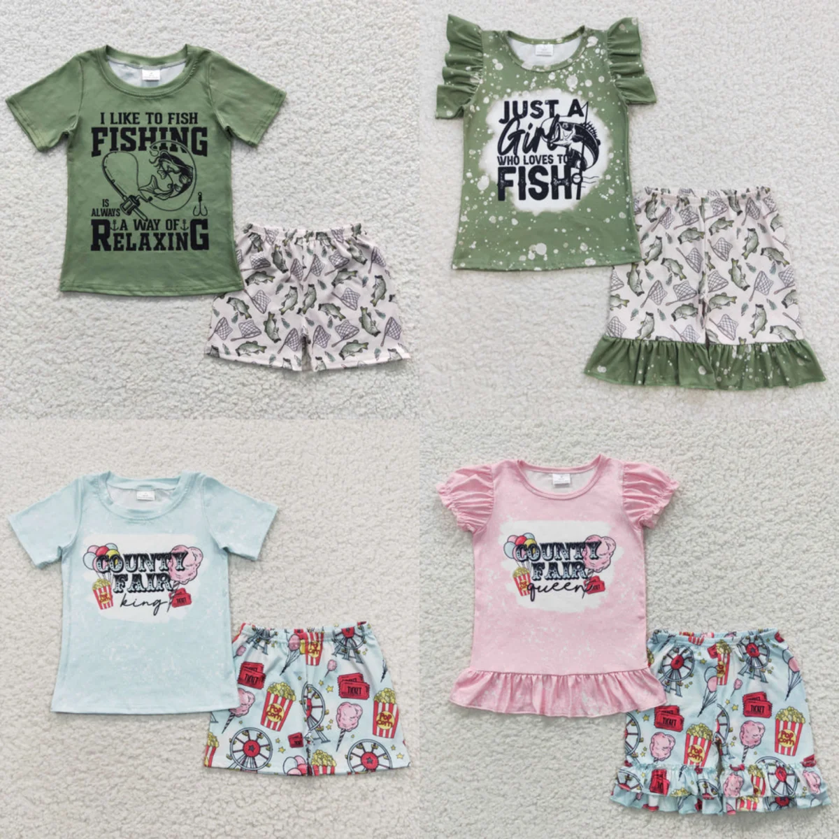 Conjunto de dos piezas de pesca y corto con volantes y top Country Fair Chip de manga corta rosa