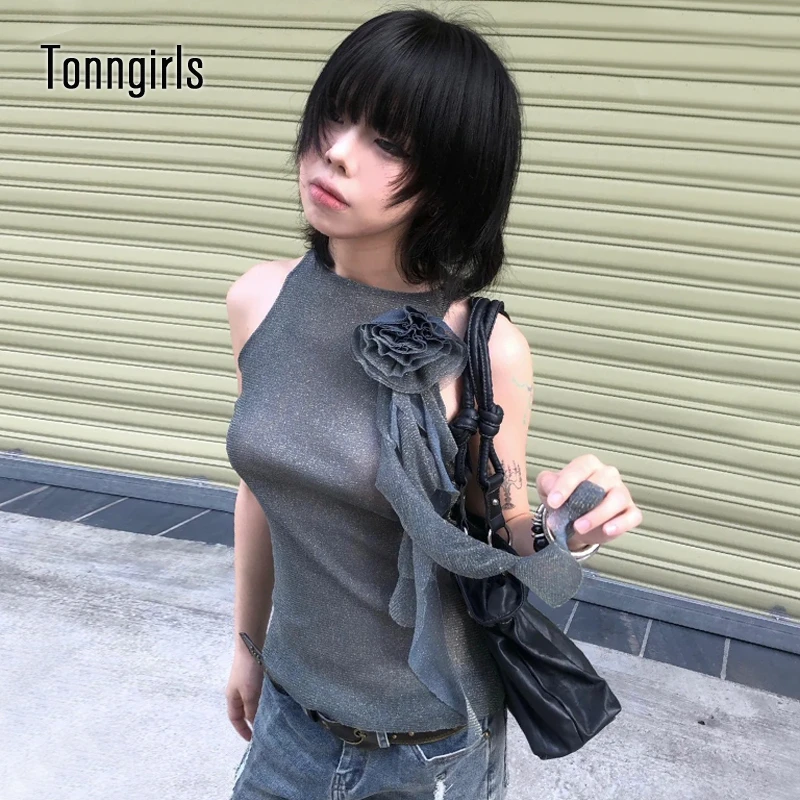

Tonngirls 2000-е годы Эстетические топы на бретелях Женские прозрачные сетчатые топы с цветочным принтом Y2k Японские футболки без рукавов Необычные топы в стиле гранж