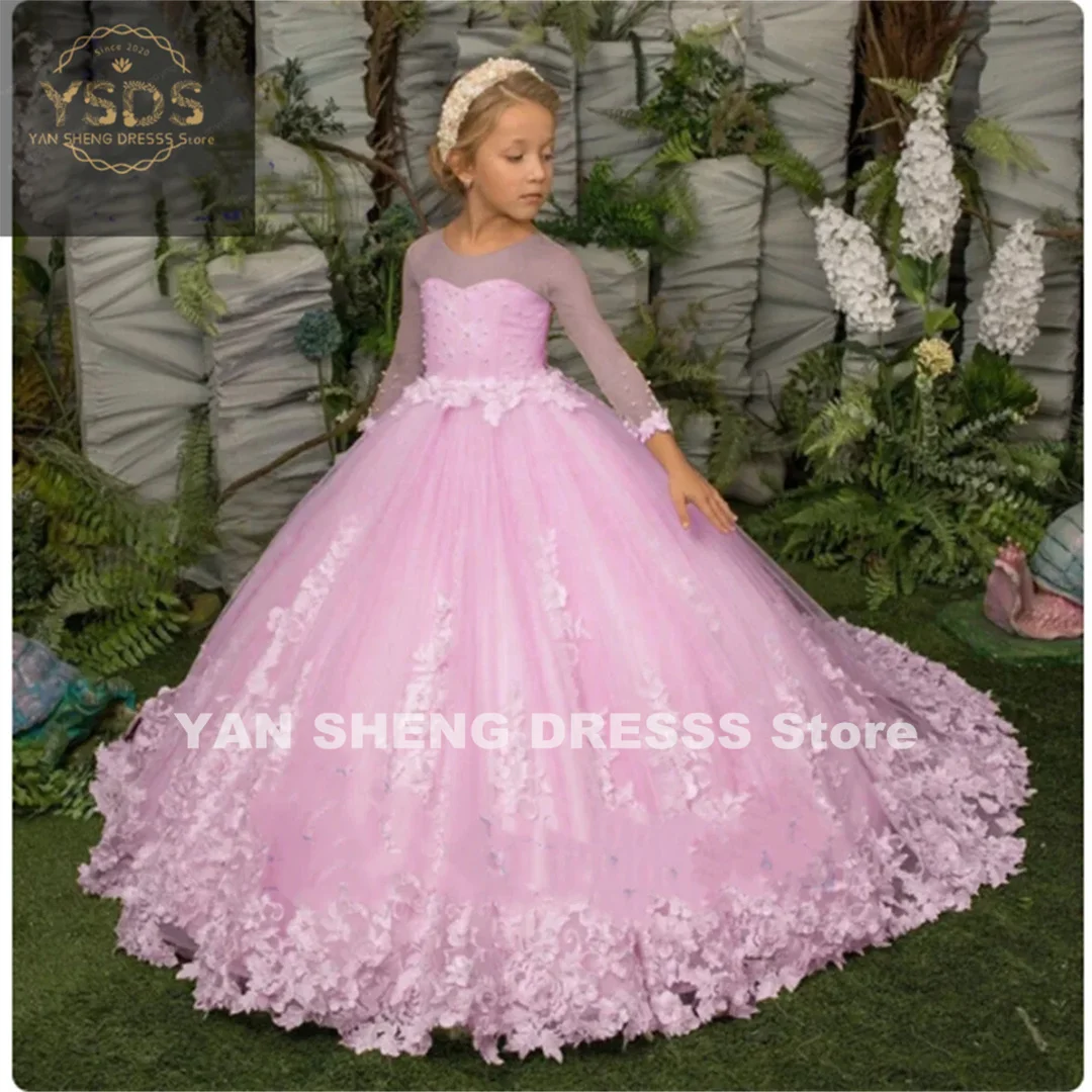 Flower Girl Dress Three Quartersleeve Appliqué Children Wedding Party Gowns New Kids Clothes Princess First Communion