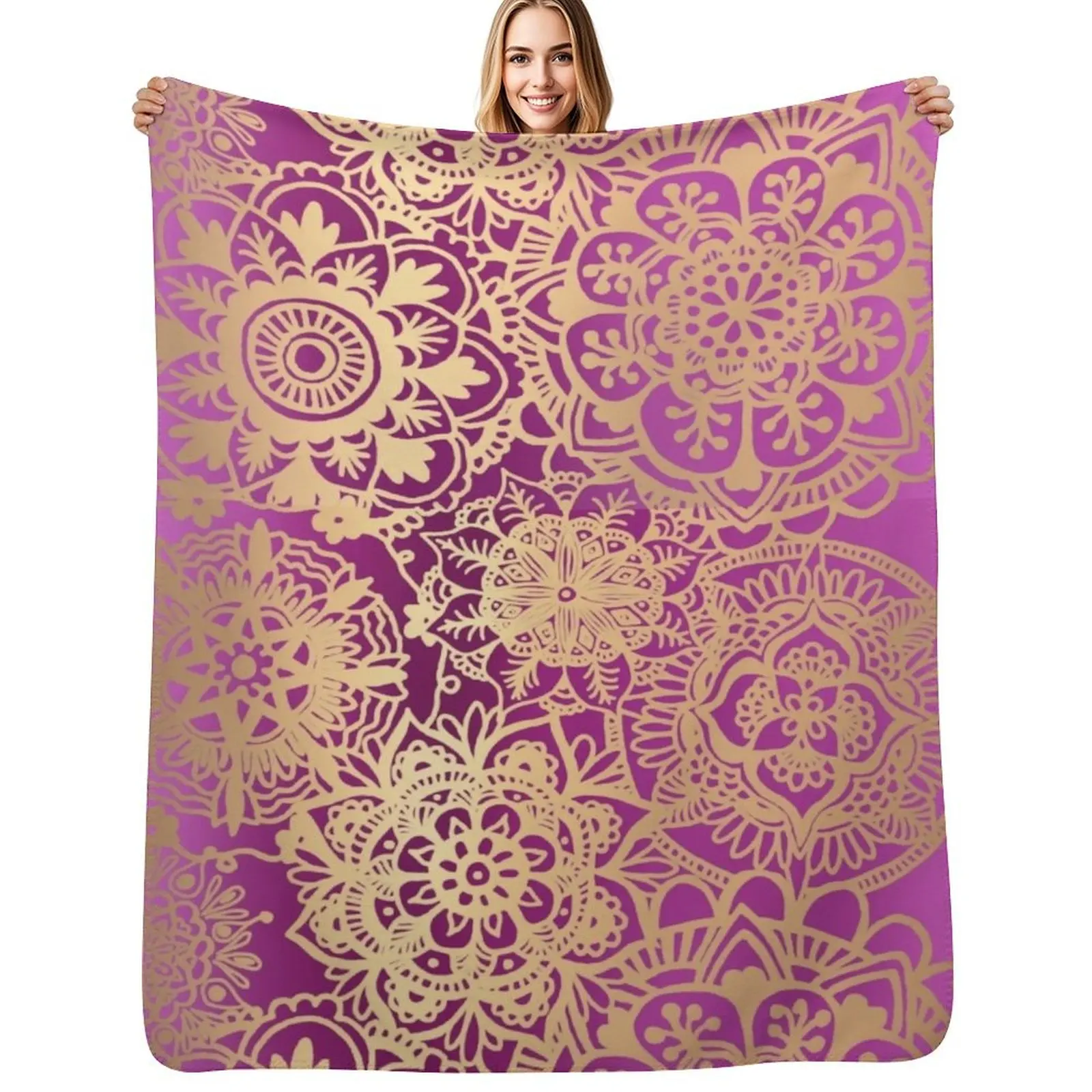 Pink and Gold Mandala Pattern Throw Blanket Outdoor Soft Blanket for Picnic Beach Camping