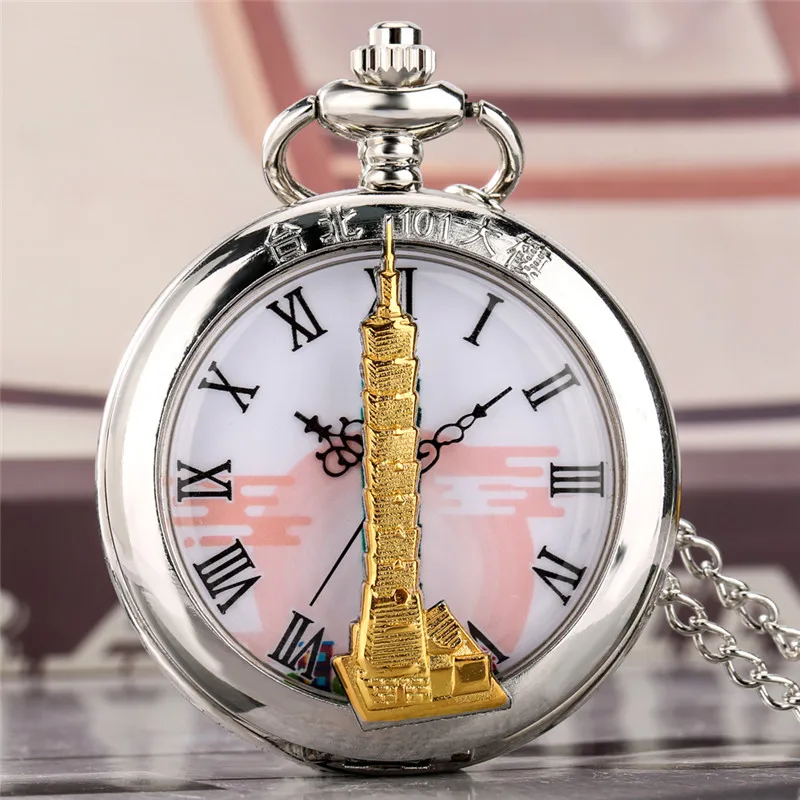 Antique Silver Pocket Watch com Taibei 101 Building Design Metade Hunter Quartz Número Romano Colar Cadeia Fob Reloj De Bolsillo