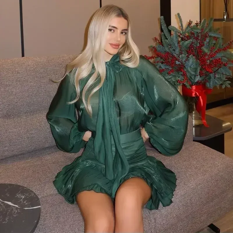 Flounce Mini Skirts Suits Women Elegant Loose Lace Up Bow Long Sleeves Shirts 2 Pieces Sets Female 2025 Spring New Solid Outfits