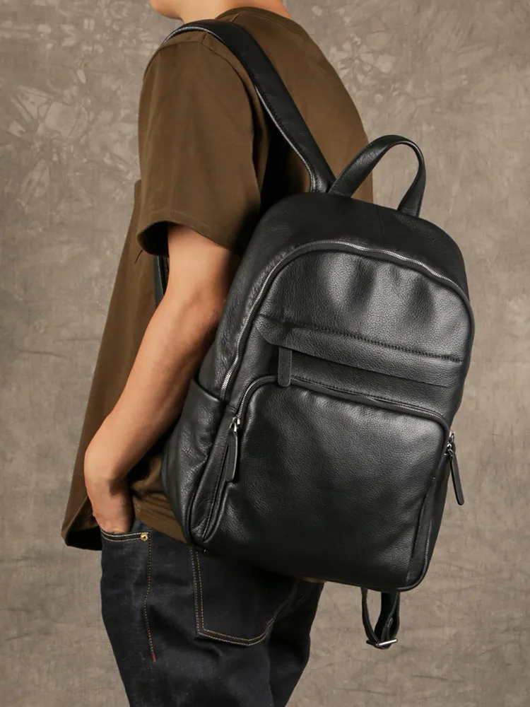 Mochila para hombre de cuero de vaca, bolso de viaje negro, mochila universitaria, mochila de trabajo para 12 portátiles, mochila grande de negocios con muchos bolsillos