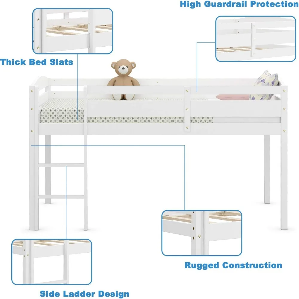 Twin Loft Bed, Solid Wood Low Loft Bed w/Guard Rail and Ladder, Boys & Girls Twin Bed for Kids Room, No Box Spring Needed