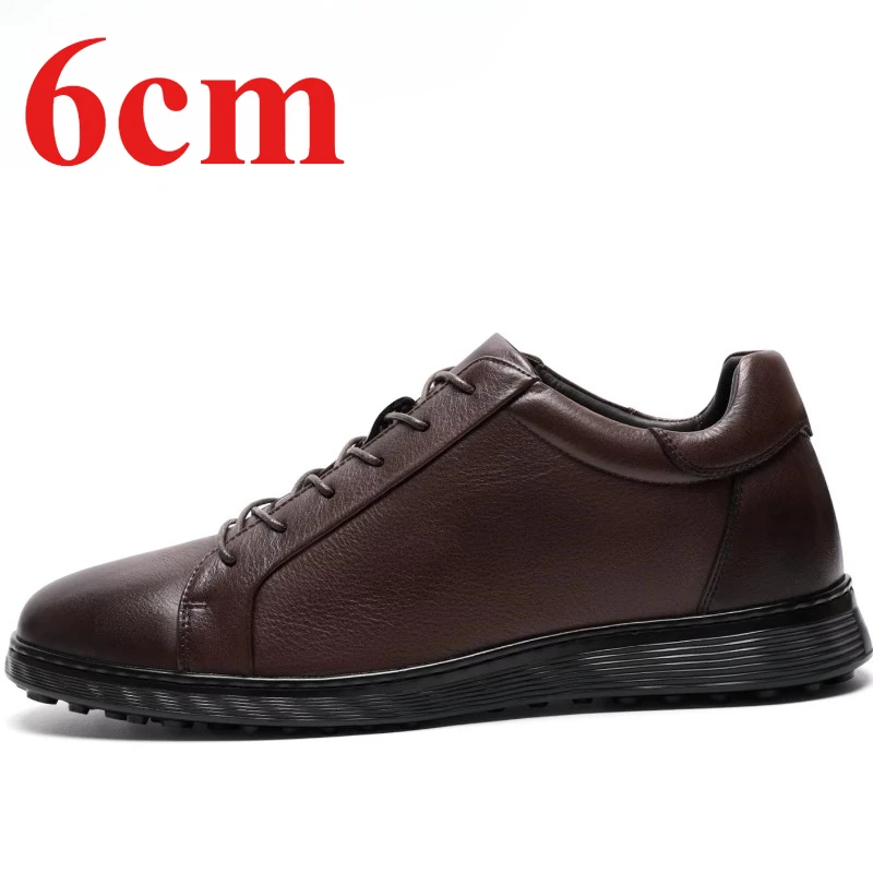 Black Invisible Height Increasing Shoes for Men's 6cm Elevator Genuine Leather Casual Sports Shoes Leisure Sneakers Board Shoes