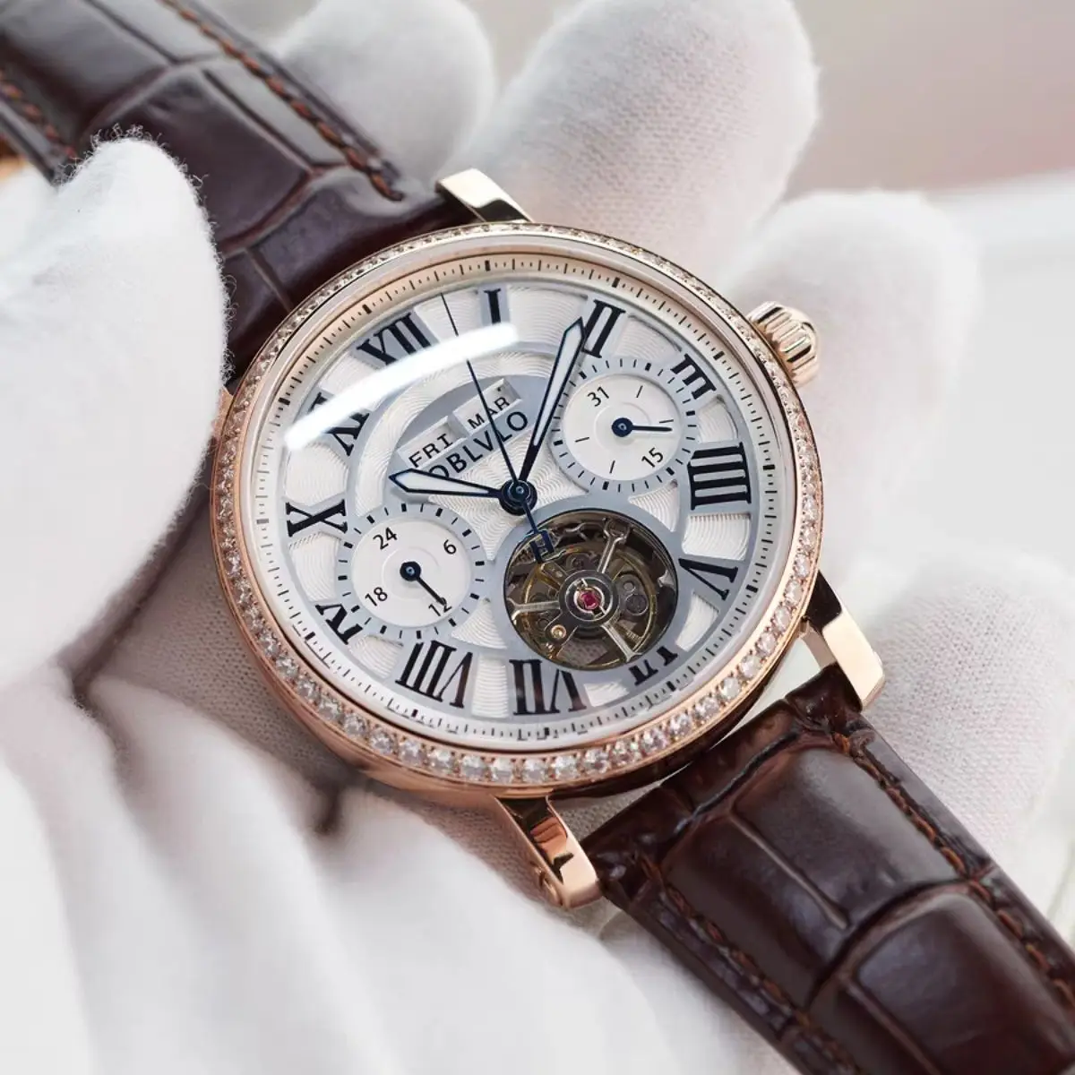 OBLVLO Men Automatic Watch 42mm Mechanical Wristwatch Luminous Skeleton Dial Sapphire Mirror Multi-Dial Month,Week,Date,24 Hours
