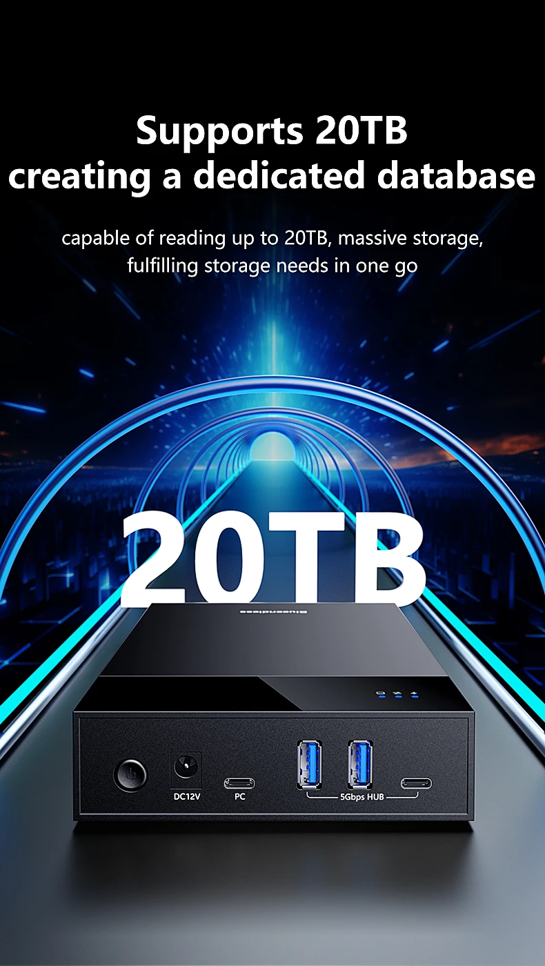 Blueendless 2,5/3,5 Zoll HDD/SSD-Gehäuse mit USB3.0-HUB, Unterstützt 18TB, Typ-C-zu-SATA-Adapter, Werkzeugfreies HDD-Gehäuse mit 12V-Stromadapter – Detail 8