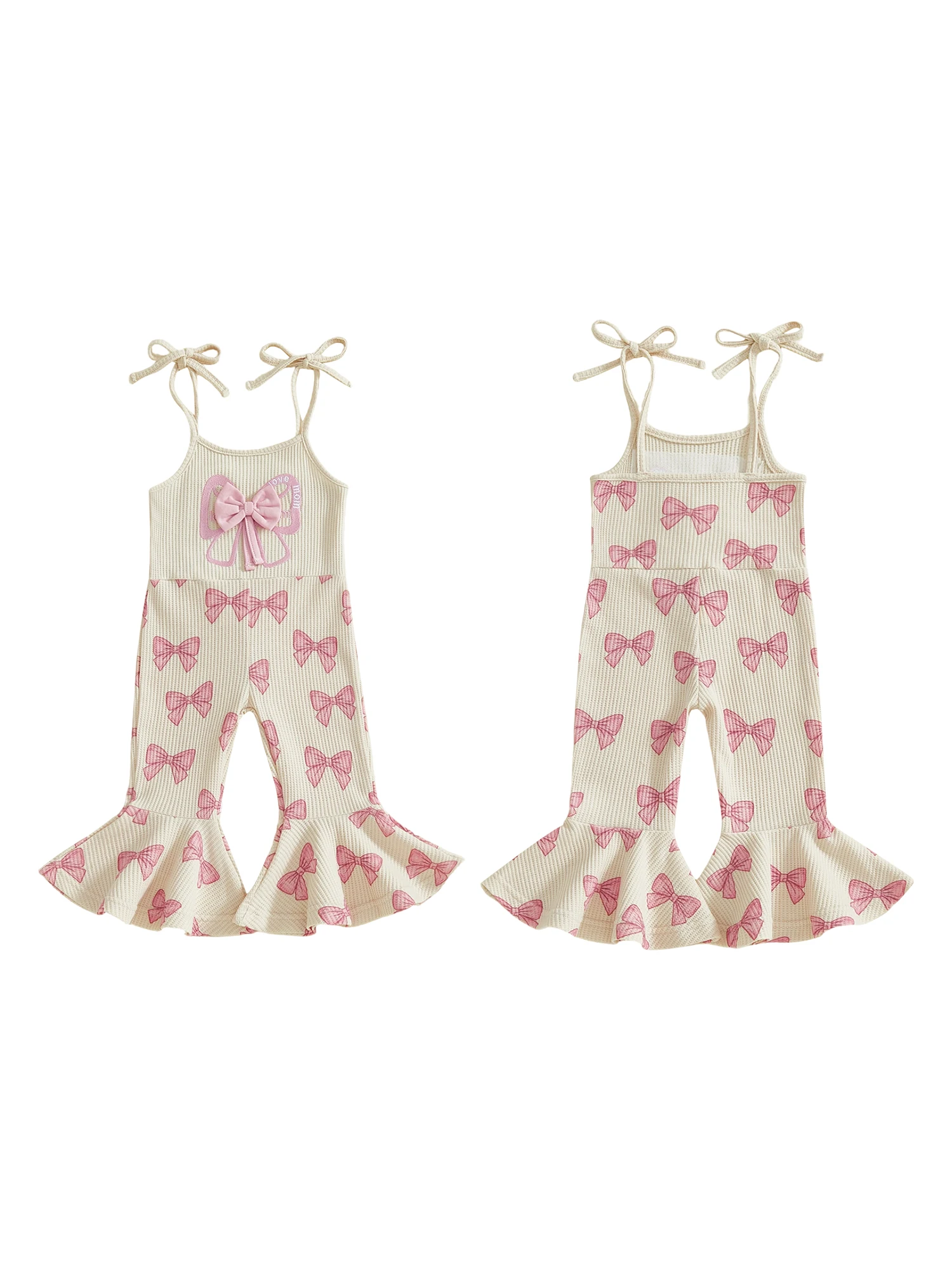 

Sweetheart Valentine s Day Romper with Heart Print Ruffle Sleeves and Bow Detail Wide Leg Pants