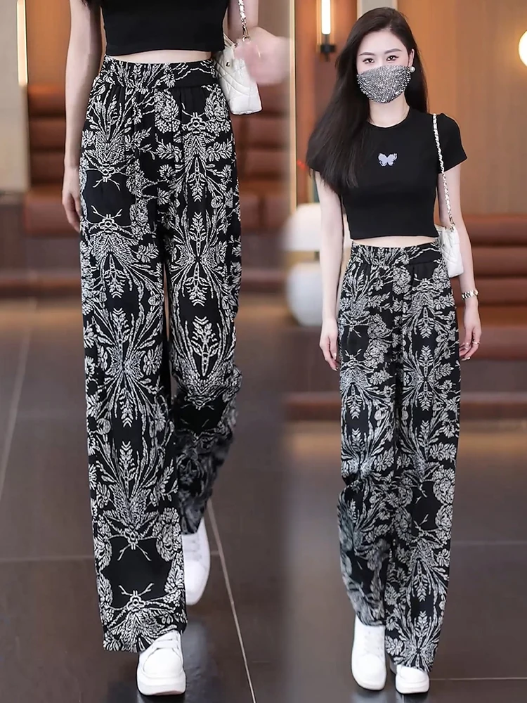 

Summer Thin Ice Silk Floral Wide Leg Pants Women's Casual Loose Drapey Print Straight Cut Trousers High Waist Comfortable