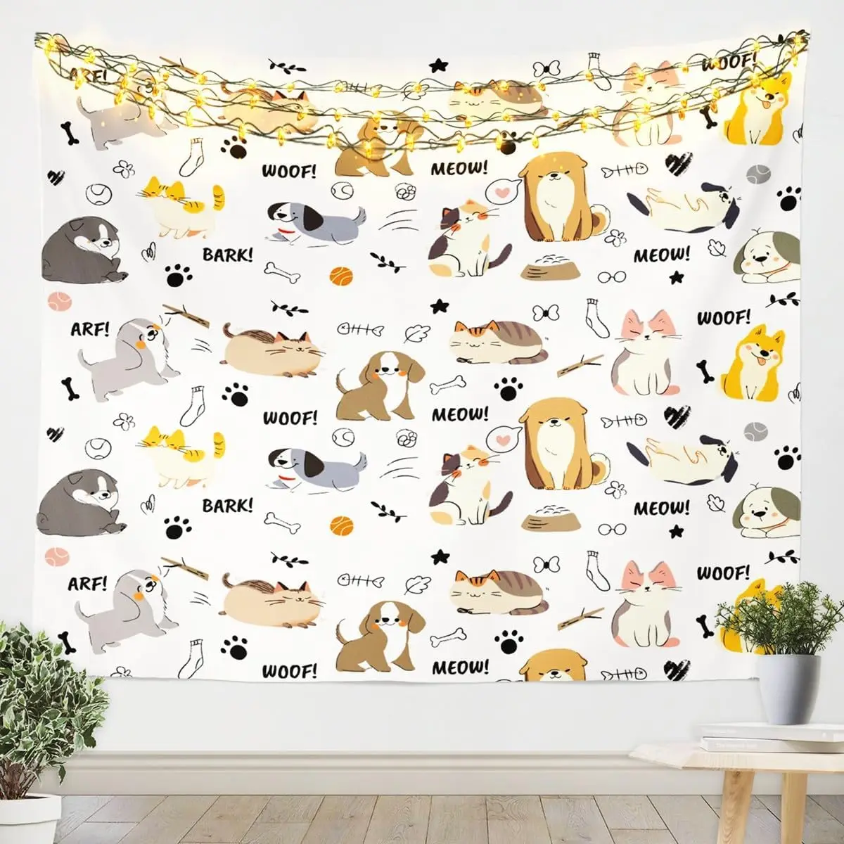 Festive Cat Tapestry, Adorable Holiday Cats on Pink Background Wall Hanging for Cheerful and Whimsical Room Decoration