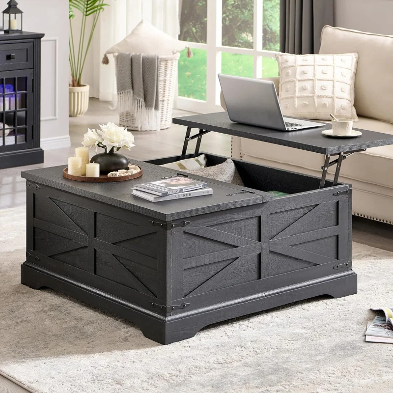 

36 Inch Lift Top Coffee Table with Hidden Storage, Rustic Wood Square Center Table, Multi-functional Tabletop Dining Desk