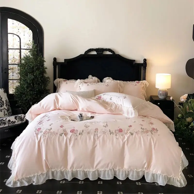 

Flowers Butterfly Embroidery Lace Ruffles Bedding Set 1000TC Egyptian Cotton Duvet Cover Bed Sheet/Fitted Sheet Pillowcases 4Pcs