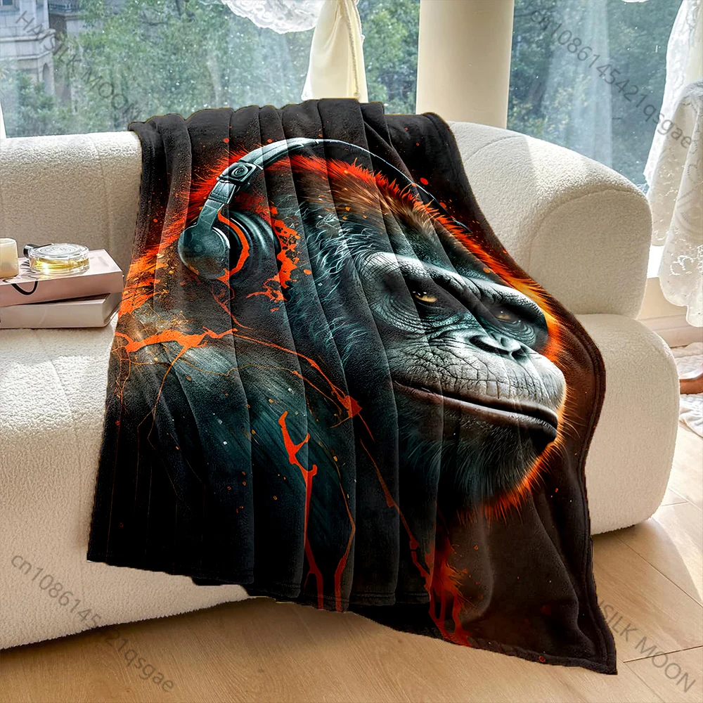 1PC Fiery gorilla wearing headphones Print Blanket Warm Soft Fluffy Kids and Adult Sofa Bed Throw Outdoor Travel Camping RV