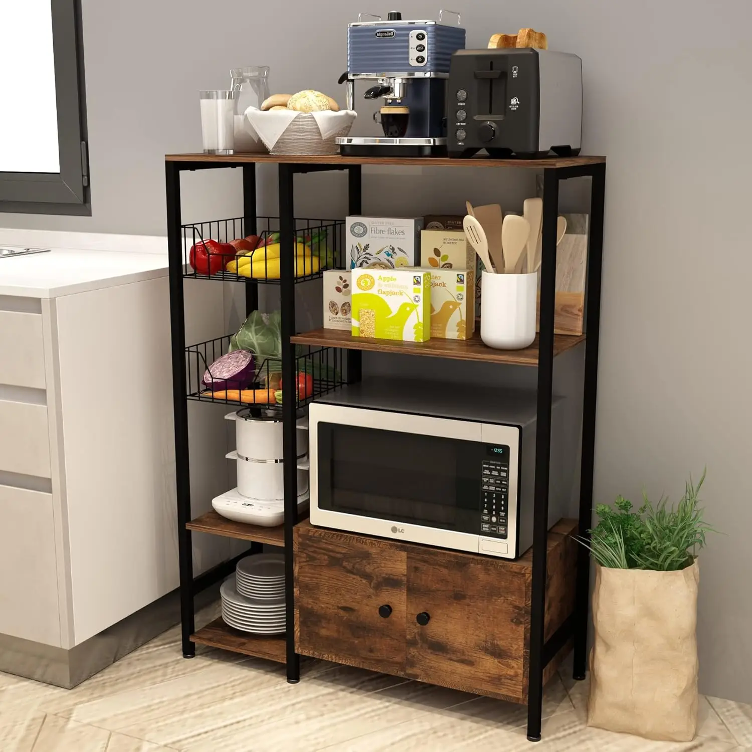 

5-Tier Kitchen Bakers Rack,Microwave Oven Stand with Shelves,Utility Storage Shelf with Hutch,Free Standing Kitchen, Customized