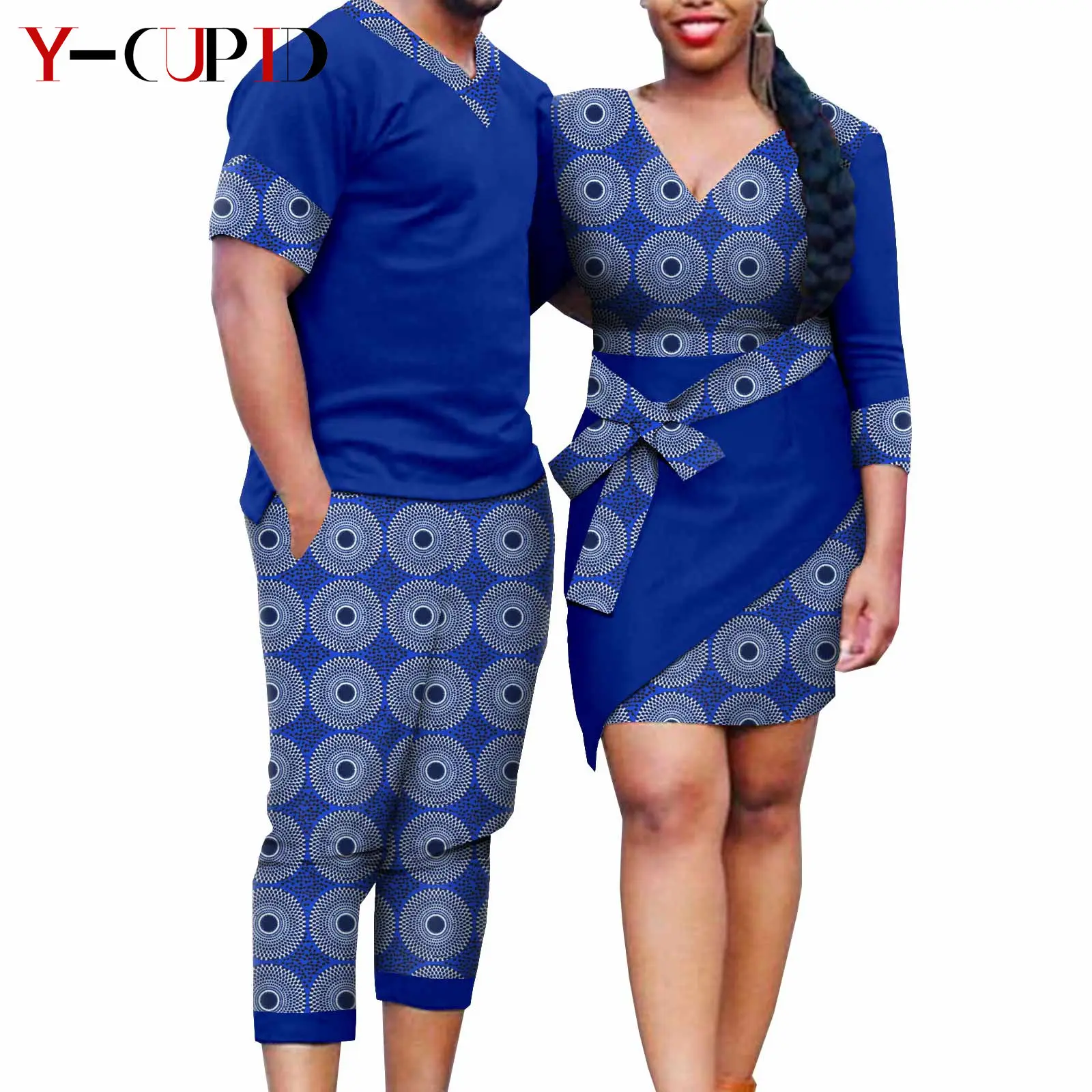 African Clothes for Couples Bazin Riche Women Ankara Print Dresses with Bowtie Matching Men Clothes Top and Short Sets Y21C019