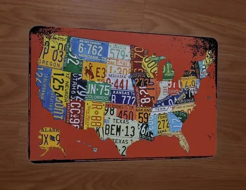 United States America USA License Plates Map  Metal Wall Sign Garage Poster
