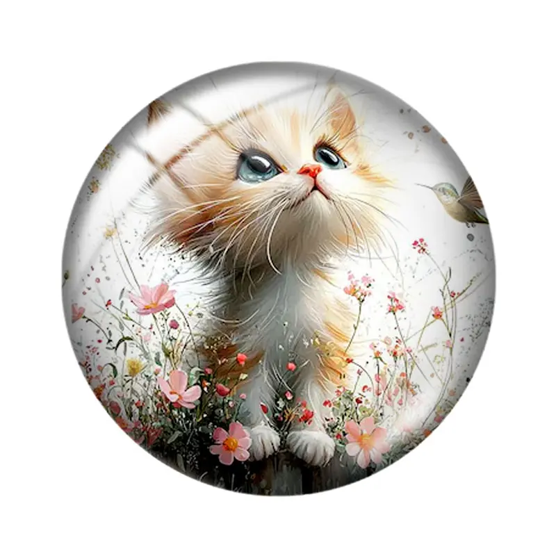 คาโบชองแก้วทรงกลมลายแมวน้อยน่ารักสไตล์สีน้ำ สำหรับงานประดิษฐ์ 10 ชิ้น ขนาด 12 มม./18 มม./20 มม./25 มม. ด้านหลังแบน