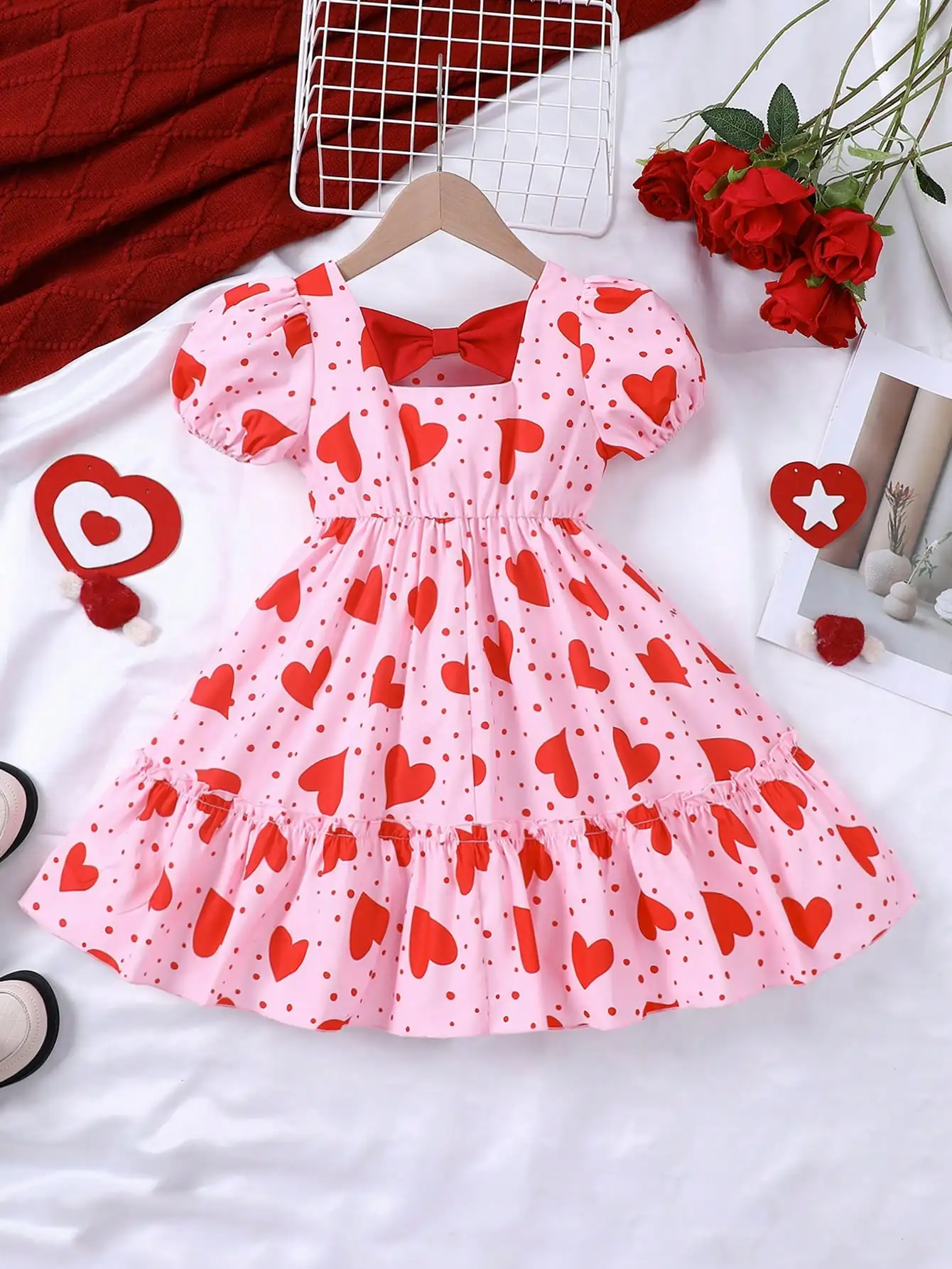 

Pink Heart & Polka Dot Puff Sleeve Dress with Bow Detail for Girls