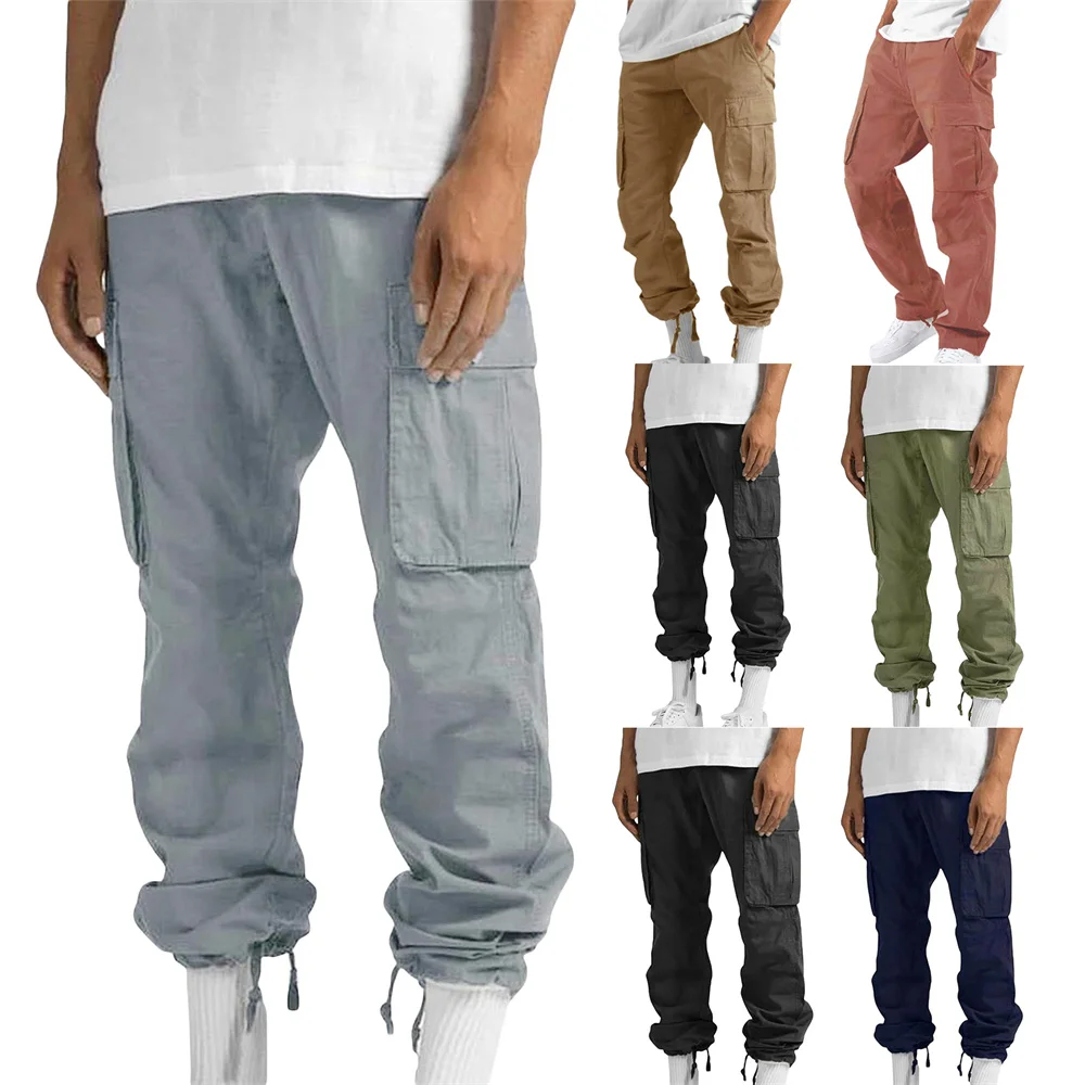 

Men's Solid Color Elastic Jogger Sweatpants Summer Drawstring Multi-pocket Long Pants