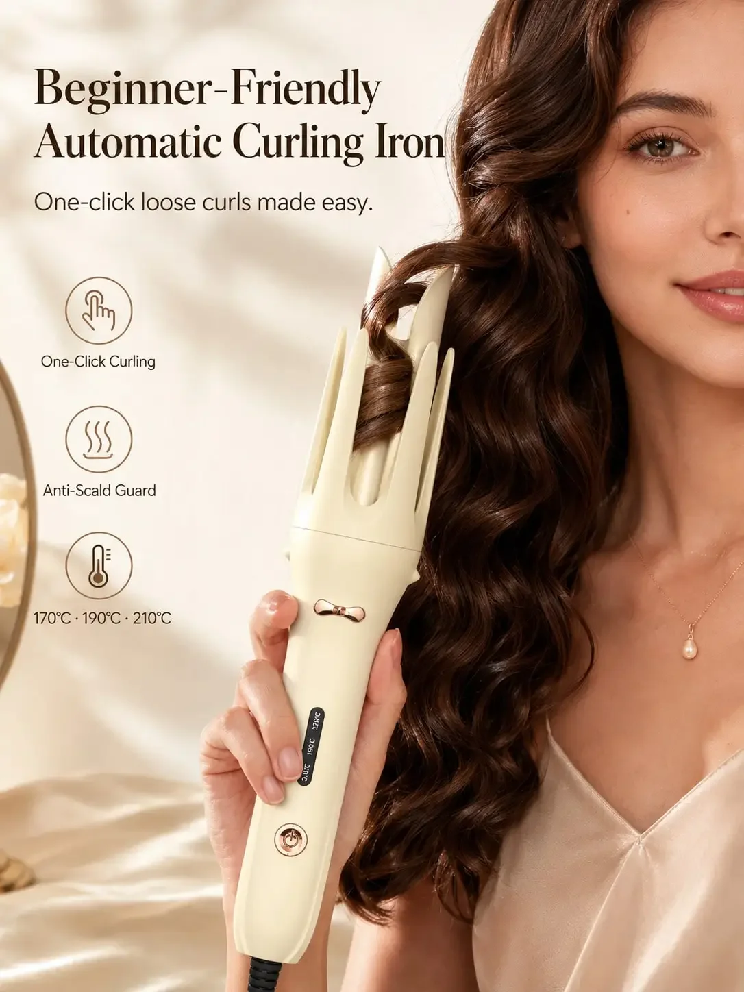 Genai Automatic Curling Iron (Anti-Scald) – Rotating Ceramic Hair Curler with 3 Temperature Settings for Quick Curls & Beach Waves