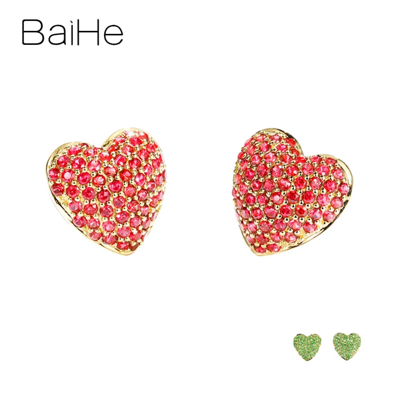 

BAIHE Real Solid 14K Yellow Gold Natural Rubis/Tsavorite Heart Stud Earrings Women Wedding Trendy Fine Jewelry boucle d’oreille