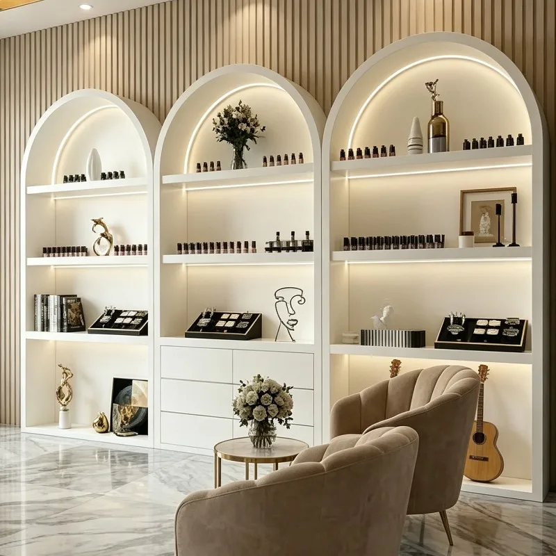

Nordic Cream Style Cosmetic Display Cabinet Modern High-end Beauty Salon Skin Care Products Display Rack Office Furniture FYMC
