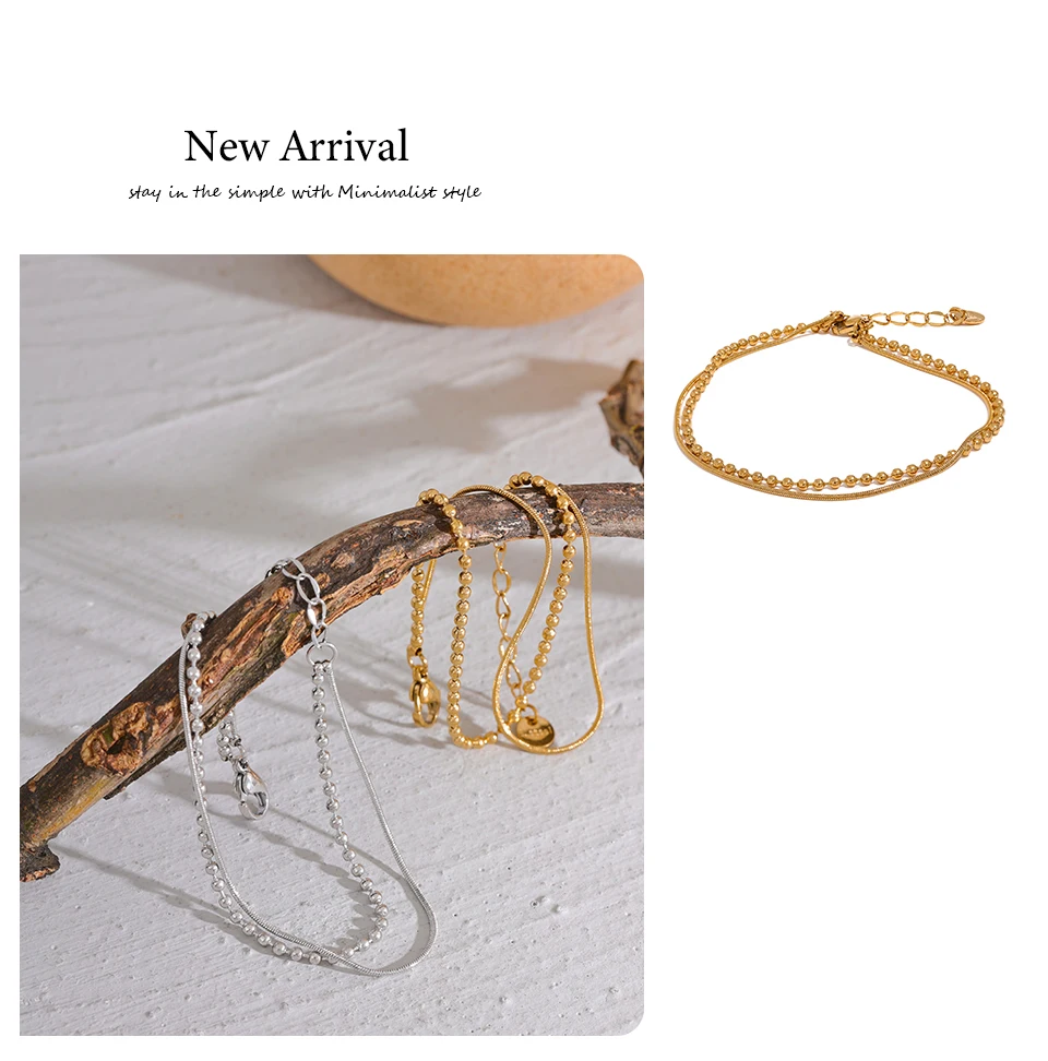 Yhpup Stainless Steel Flat & Bead Chains Double Layer Fashion Bracelet Bangle Men Women Charm Summer Beach Trendy Chic Jewelry
