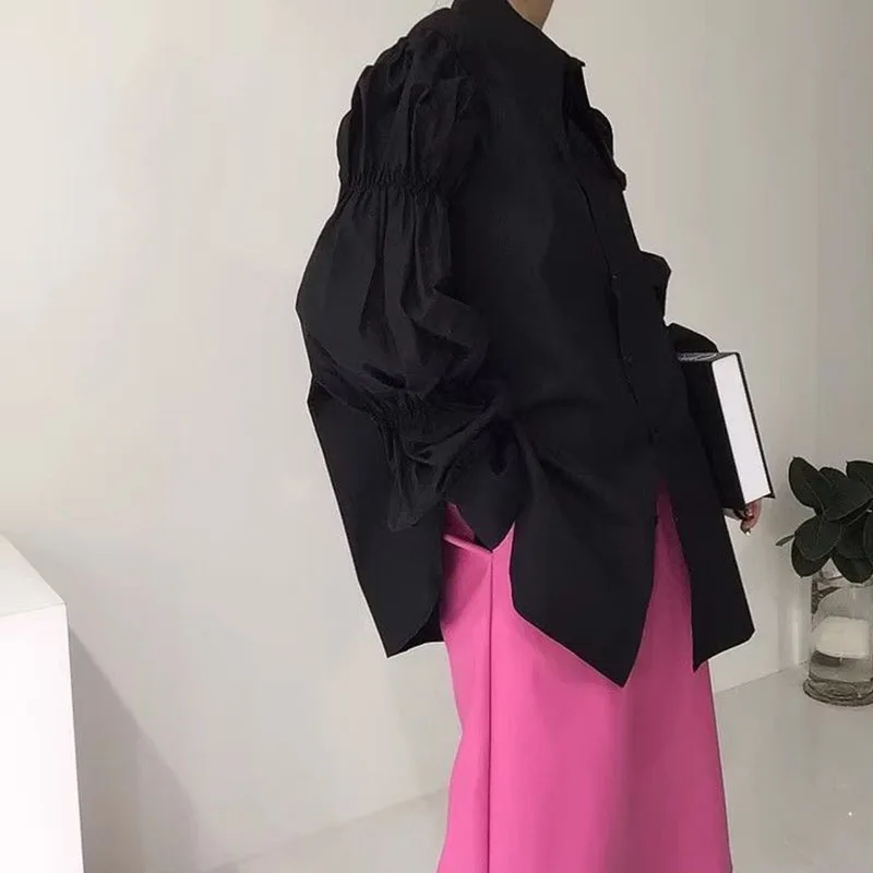 Gothic Vintage Baggy Black Shirts for Female Streetwear Y2K Puff Long Sleeve Oversized Shirt Fashion Design Wide Lapel Blouse